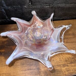 Elegant Glass Art Bowl in Iridescent White and Pink